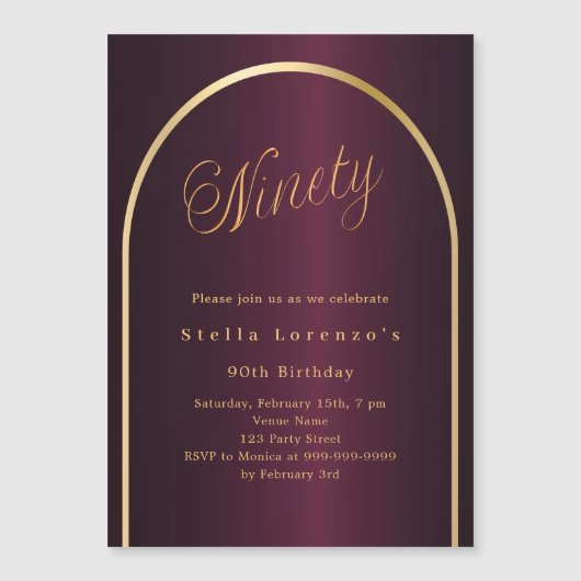 90e verjaardag Bourgondië gouden boog script luxe Magnetische Uitnodiging (Voorkant)