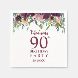 90e verjaardag   Burgundy Marsala Floral Party Servet