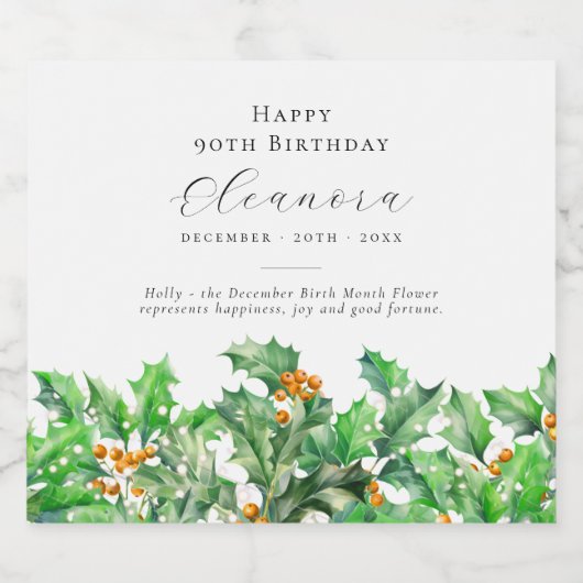 90e verjaardag december Geboortebloem Holly Sparkling Wijnetiket (Enkel label)