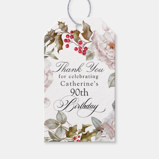 90e verjaardag Elegant December Bloemen Dank u Cadeaulabel (Voorkant)