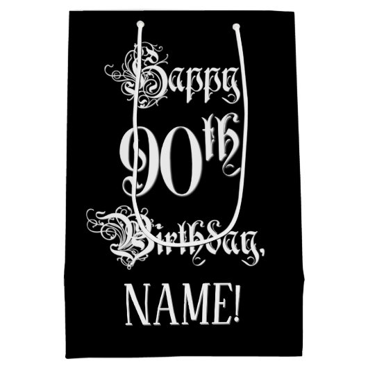 90e verjaardag: Fancy, elegant script + aangepaste Medium Cadeauzakje (Achterkant)