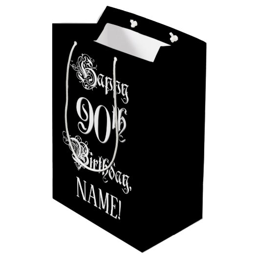 90e verjaardag: Fancy, elegant script + aangepaste Medium Cadeauzakje (Achterkant Gekanteld)
