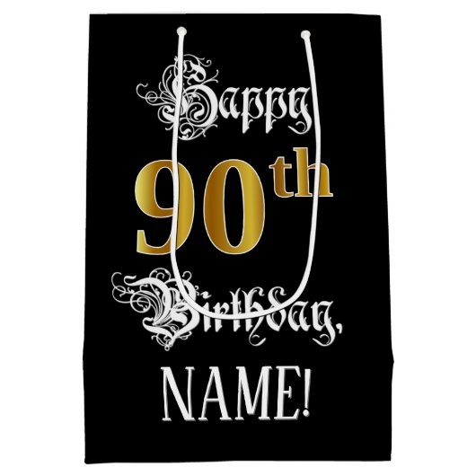 90e verjaardag ~ Fancy script; Faux Gold look; naa Medium Cadeauzakje (Achterkant)