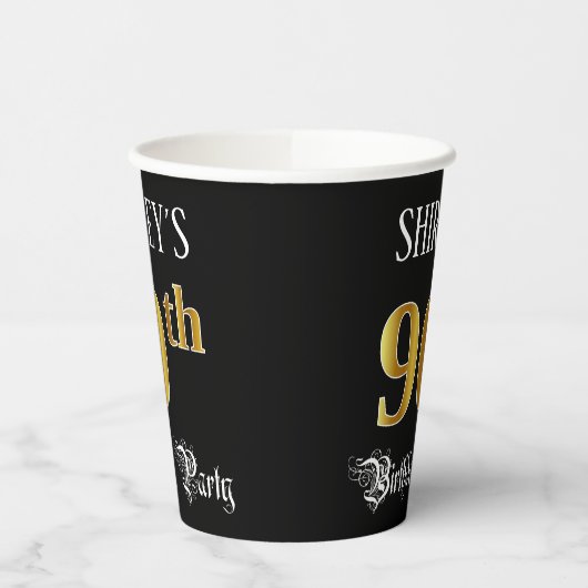 90e verjaardag — Fancy script, Faux Gold look Papieren Bekers (Links)