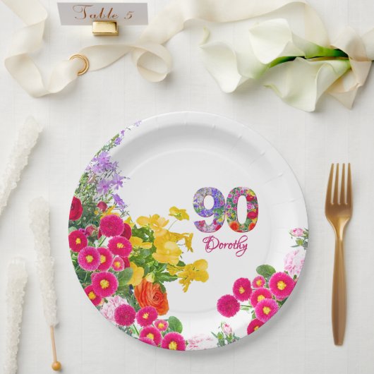 90e Verjaardag Feest Bloemen Modern 90 jaar Papieren Bordje (Huwelijk)