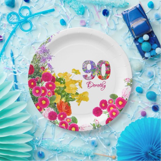 90e Verjaardag Feest Bloemen Modern 90 jaar Papieren Bordje (Feest)