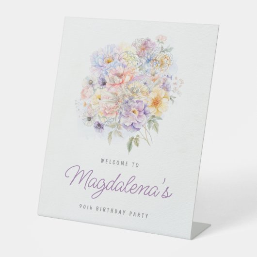 90e Verjaardag Feest Voorjaar Bloem Boeket Welkom Reclamebord Met Voetstuk (Voorkant)