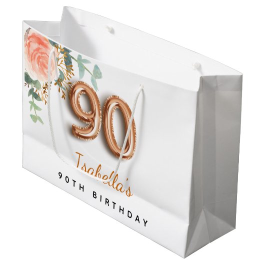 90e verjaardag floraal roos goud eucalyptusverjaar groot cadeauzakje (Voorkant Gekanteld)