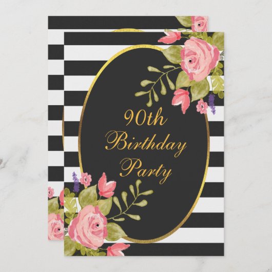 90e verjaardag Floral Black White Stripes Gold Foi Kaart (Voorkant / Achterkant)