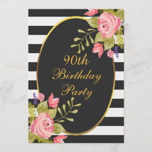 90e verjaardag Floral Black White Stripes Gold Foi Kaart