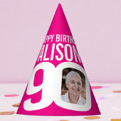 90e verjaardag foto gepersonaliseerd wit heet roze feesthoedjes