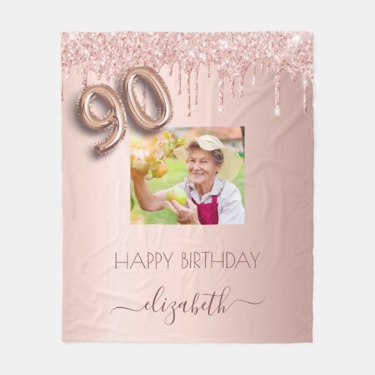90e verjaardag foto roos goud glitter blush roze fleece deken (Voorkant)