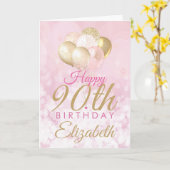 90e verjaardag Glitter Roze Ballon Kaart (Gele Bloem)