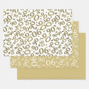 90e verjaardag Gold & White Random Number Pattern Inpakpapier Vel