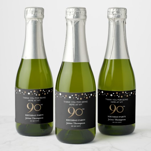90e verjaardag Goud zwart thema confetti dank u Sparkling Wijnetiket (Flessen)