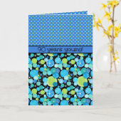 90e verjaardag Kaart: Quirky Moons and Polka Dots Kaart (Gele Bloem)