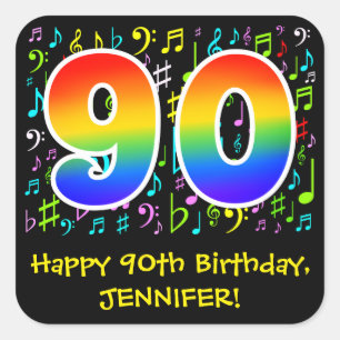 90e verjaardag: Kleurrijke muzieksymbolen, regenbo Vierkante Sticker