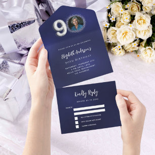 90e Verjaardag marine blauw zilver foto rsvp All In One Uitnodiging