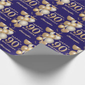 90e verjaardag marineblauw en goudballonnen cadeaupapier (Hoek)