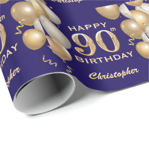 90e verjaardag marineblauw en goudballonnen cadeaupapier