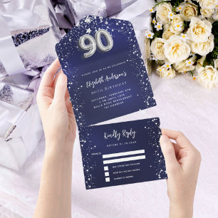 90e Verjaardag marineblauw zilveren sterren rsvp All In One Uitnodiging