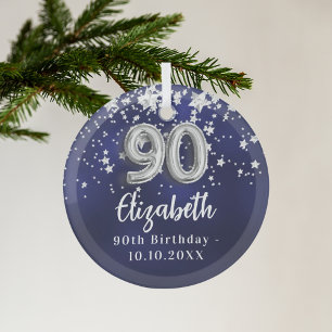 90e verjaardag marineblauwe zilveren sterren glas ornament