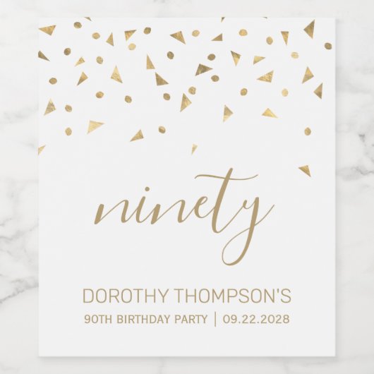 90e verjaardag Moderne gouddriehoek Confetti White Wijn Etiket (Enkel label)