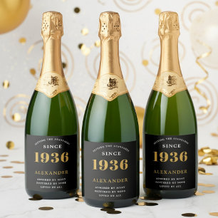 90e verjaardag Naam 1936 Zwart Goud Elegant Chic Sparkling Wijnetiket