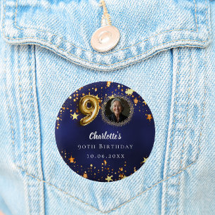 90e verjaardag navy blauw goud sterren foto ronde button 5,7 cm