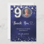 90e verjaardag navy blauw zilveren sterren foto bedankkaart (Voorkant)