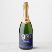 90e verjaardag navy blauw zilveren sterren foto sparkling wijnetiket (Voorkant)