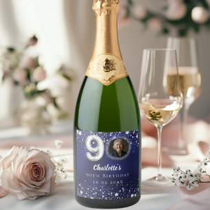 90e verjaardag navy blauw zilveren sterren foto sparkling wijnetiket