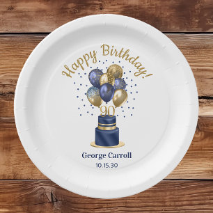 90e verjaardag Navy Blauwe Ballon Cake Papieren Bordje