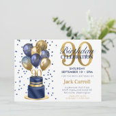 90e verjaardag Navy Blue Balloon Cake Kaart (Staand voorkant)
