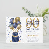 90e verjaardag Navy Blue Balloon Cake Save The Date (Staand voorkant)