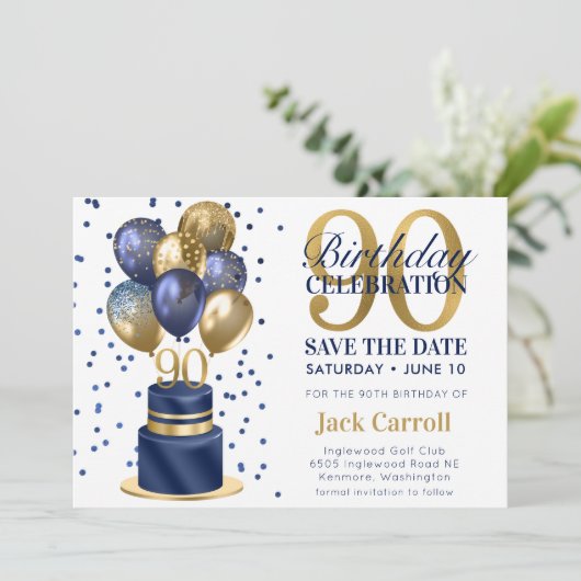 90e verjaardag Navy Blue Balloon Cake Save The Date (Staand voorkant)