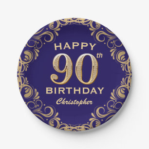 90e verjaardag Navy Blue en Gold Glitter Papieren Bordje