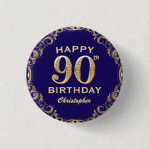 90e verjaardag Navy Blue en Gold Glitter Ronde Button 3,2 Cm