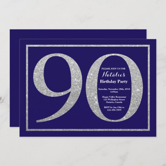 90e verjaardag Navy Blue en Silver Glitter Kaart (Voorkant / Achterkant)