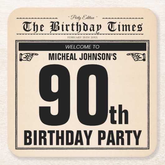 90e Verjaardag Oude Krant  Funny Custom Vierkante Kartonnen Onderzetter (Voorkant)