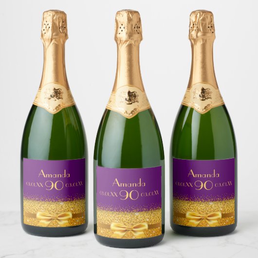 90e verjaardag paarse en faux gouden boog sparkling wijnetiket (Flessen)