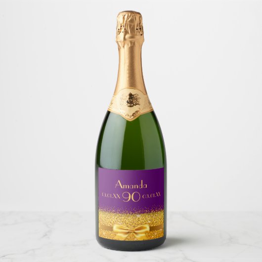 90e verjaardag paarse en faux gouden boog sparkling wijnetiket (Voorkant)