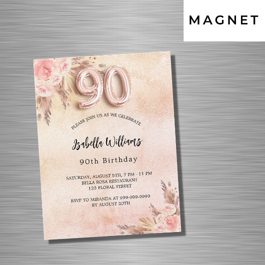 90e verjaardag pampas gras roos gouden bloem luxe magnetische uitnodiging