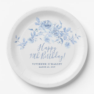 90e Verjaardag Party Blauw Roos Bloemen Custom Papieren Bordje