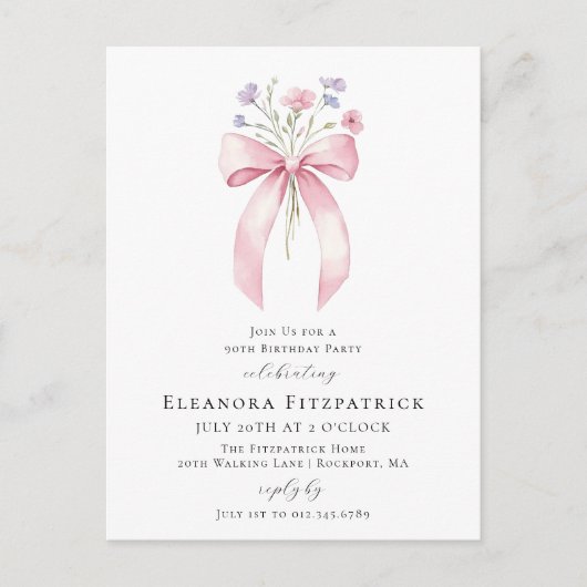 90e Verjaardag Party Blush Pink Bow Wildflower Uitnodiging Briefkaart (Voorkant)