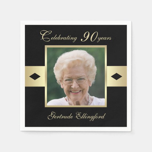 90e verjaardag Party Foto op zwart Servetten (Voorkant)