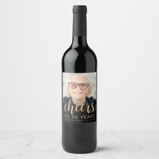 90e verjaardag Party Foto Proost Wijn Etiket (Voorkant)