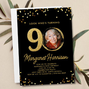 90e Verjaardag Party Gold Glitter Confetti Foto Kaart