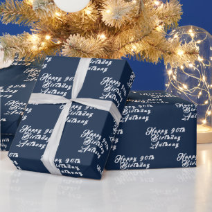 90e verjaardag Party Naam Marine Blauw Modern Patr Cadeaupapier