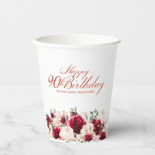 90e Verjaardag Party Red Rose Pink Peony Custom Papieren Bekers